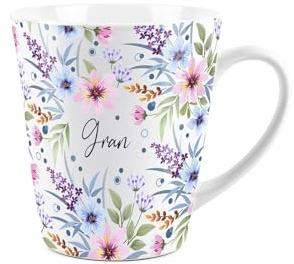 Gran Gift Mug - Blue and Purple Floral Design Small Latte Mug - Ceramic White Tea/Coffee Present Gift