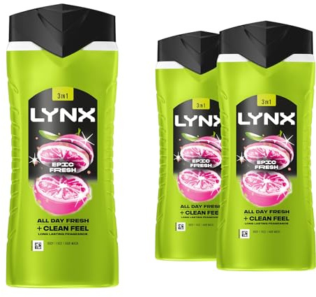 Lynx 3-in-1 Shower Gel Epic Fresh 12 Hours of Long Lasting Refreshing Fragrance Body Wash with Plant-Based Moisturisers for Men for Naturally Soft Skin 500ml, 3 Pack