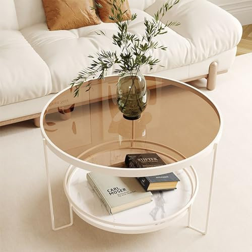 SBCWH Couchtisch aus Glas, 2-stufiger runder Beistelltisch mit Stauraum, Kleiner Beistelltisch, Akzenttisch für Wohnzimmer, Schlafzimmer, Büro, Metallrahmen (Color : White Frame-A, Size : 70cm/28in