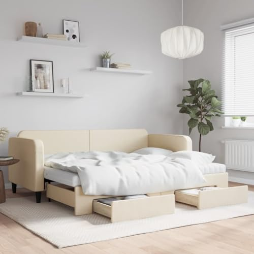 CKioict Palettenbett Modernes Bettgestell Jugendbett Tagesbett Ausziehbar mit Schubladen Creme 80x200 cm StoffGeeignet für Gästezimmer, B&Bs, Schlafzimmer