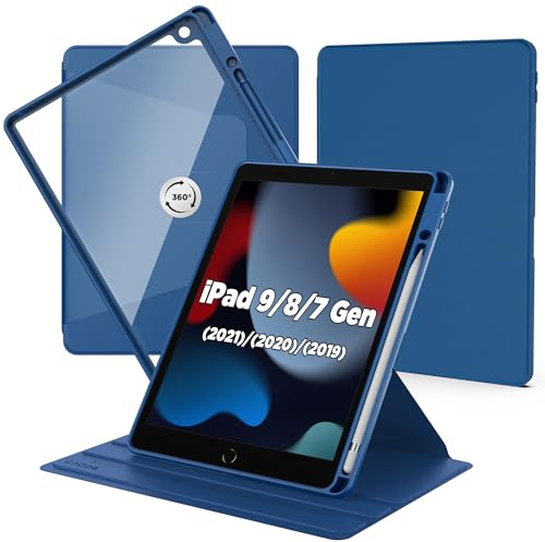 CACOE Hülle für iPad 9./ 8./ 7. Generation 10,2 Zoll mit Stifthalter | 360 Grad Drehbare Stoßfeste Schutzhülle mit Transparenter Rückschale, Meeresblau