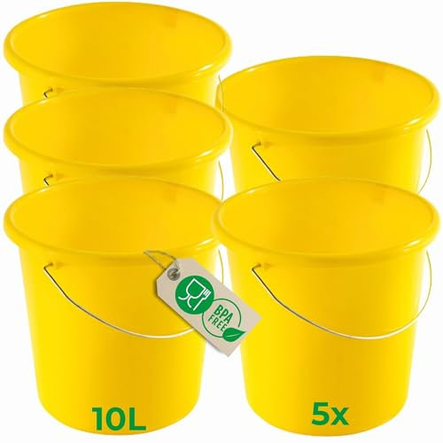 Novaliv 5 Stück Eimer 10L Gelb mit Maßeinteilung - Putzeimer 10 Liter ? 28,5 cm Praktischer Allrounder mit Skala für Haushalt & Garten ideal als Haushaltseimer, Wassereimer, Wischeimer, Bucket