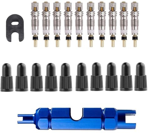 Saipor Juego de reparación de válvulas de bicicleta Presta, 10 piezas de válvula francesa + 10 tapas protectoras de válvula + llave azul Presta y Schrader + llave de válvula negra
