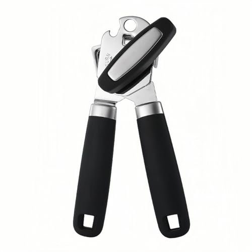 RUNZI Manual Black Stainless Steel Can Opener with Sharp Blade, Heavy Duty, Bottle Opener