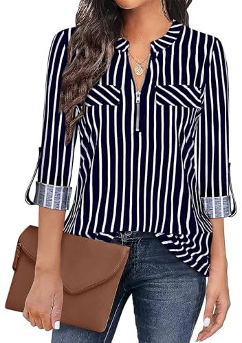 Gemulate Womens Tops 3/4 Sleeve Tops for Women Polo Top Floral Printed Shirts with Zip Up V Neck Tunic Blouse Basic Tops