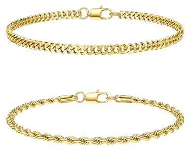 CASSIECA 2Pcs Pulsera Hombre Pulseras para Hombres Acero Inoxidable Apilable Pulseras Oro para Hombres Niños Pulseras Cuerda Cubana 21CM Regalos para Papá Esposo Hijo