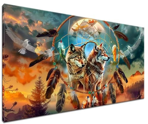 Malen Nach Zahlen Wolf, DIY Malen nach Zahlen Traumfänger für Anfänger und Erwachsene, Bastelset Erwachsene Paint by Numbers Ölgemälde mit 3 Pinsel, Acrylfarbe für Wanddeko (Ohne Rahmen) 50x70cm J-6