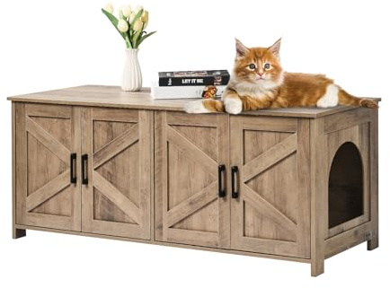 VEVOR Meuble Cache Bac à Litière pour 2 Chats, Maison de Toilette pour Chat avec Chambres Doubles, Armoire en Bois pour Cacher la Plupart des Bacs à Litière pour Chats, 1,19 x 0,46 x 0,5 m, Grège