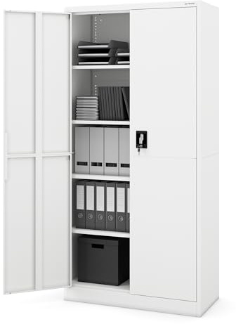 Jan Nowak Metallschrank Jan Smart Aktenschrank Büroschrank Aufbewahrungsschrank Bis zu 50 Ordner 4 Verstellbare Regalböden Dreipunkt-Schloss Aufbewahrung Von Dokumenten 185 x 90 x 40 cm Weiß