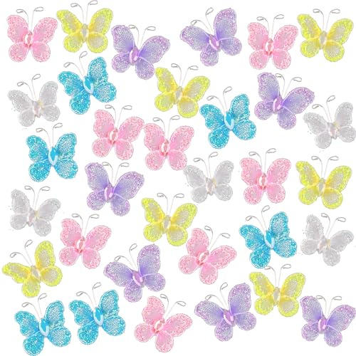 ANNASAMDO 50 Stück Glitzer Schmetterlinge Mesh Strass Deko | Transparente Nylonflügel mit Funkelzentrum. 5 Pastellfarben je 10 Stück. 3x3cm. Für Karten Geschenke DIY.