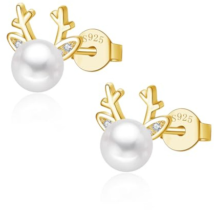Glintara Ohrstecker Silber 925, 925 Sterling Silber Weihnachts Ohrstecker | Schneeflocke, Elch, Perle, Hypoallergen, Schlafen, Weihnachten, Ohrschmuck, Geburtstags Geschenk, für Damen Mädchen Freundin