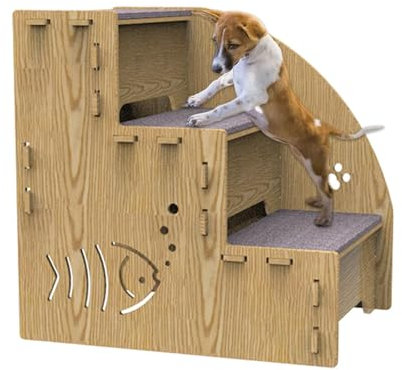Holztreppe - 3 -Stufen -Hunde & Katzenrampe für hohe Betten & Sofas | Non-Rutsch-Indoor-Leiter für kleine Haustiere, Safe und robuste Kletterstufen