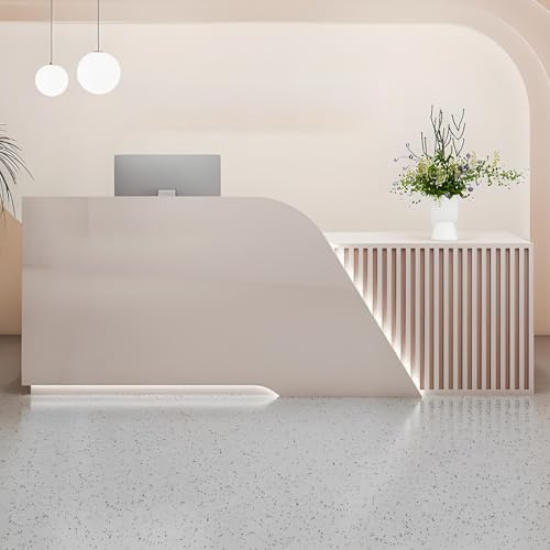 Snaweo Empfangstheke, Empfangstresen mit Schublade, Rezeptionstheke mit LED-Licht, Simplicity-Kasse, Verkaufsthekentisch für Salon, Lobby, Geschäft, Büroempfangsraum(Cream White R,140cm/55in)