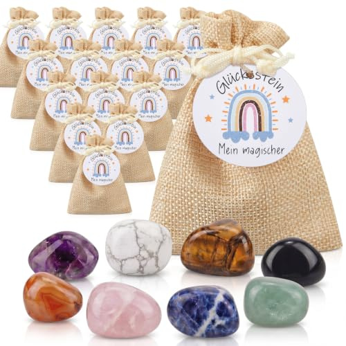 Otuuz Pietre Portafortuna per Bambini con Sacchetti di Iuta e Etichette Rotonde di Carta Portafortuna Colorate Pietre Magiche Regali per Capodanno Bomboniere(12,Arcobaleno)
