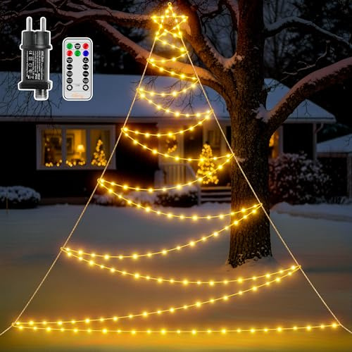 Ollny 4,2 m de guirlande lumineuse de Noël pour l'extérieur, 166 LED, alimentation électrique, minuterie, 8 modes d'éclairage et IP67 contre l'eau pour les décorations de Noël extérieures blanc chaud