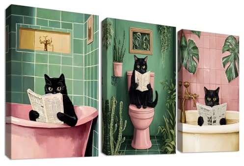 HALFLEMART 3Pcs Stampa su tela Con Cornice Divertente Gatto Nero Pittura Rosa Verde Piante Gattino che fa il bagno Quadri su tela Quadri Moderni Bagno Vasca da Bagno WC Stampe da Parete 40x60cm x3