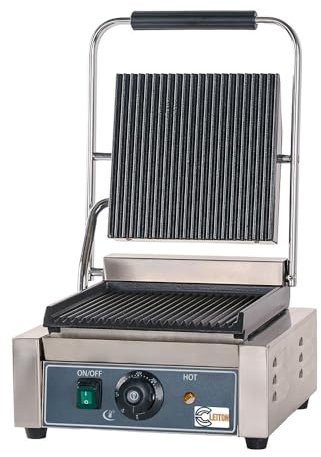 Cleiton® Grill de Contacto Eléctrico de 40 cm de Sobremesa en acero inox con Doble Superficie Ranurada | Parrilla de Contacto 300° - 1800 W | Plancha Grill para Bares y Restaurantes