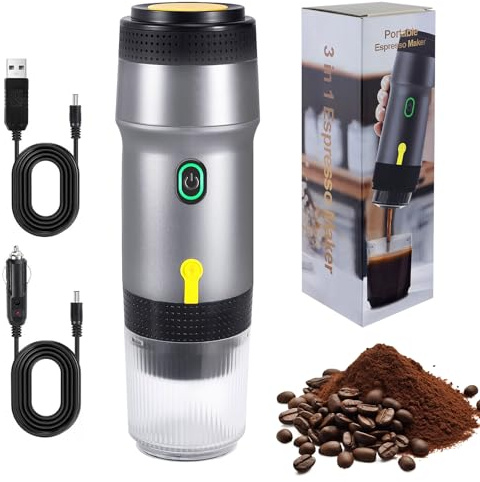 Zuipwpt Machine à café Portable 3 en 1, Rechargeable Cafetière Portable de Voyage, 12V Expresso Machine a Cafe pour Capsule, Café Moulu, pour Camping, Voyage, Bureau, Voiture, Maison (Argent)