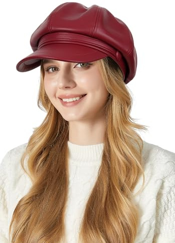 FEOYA PU Leder Ballonmütze 8 Panels Baskenmützen Bakerboy Schirmmütze Newsboy Cap Barett Hut Maler Kappe Herbst Winter