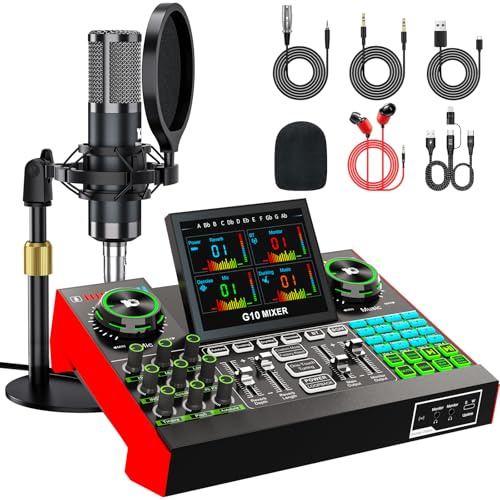 Podcast Microphone Bundle with Live Sound Board Audio Mixer, Podcast Equipment Bundle with 3.5mm Condenser Microphone(P15) for Pc/Phone Live Streaming Singing Gaming, Voice Changer, Denoise