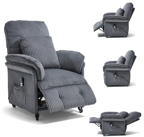 Asukale 2 Motoren Elektrischer Relaxsessel, Fernsehsessel mit Liegefunktion, TV Sessel Wohnzimmer mit Rollen, Verstellbarer Rückenlehne & Fußstütze, 2 Seitentaschen, Cord Couch, Dunkelgrau