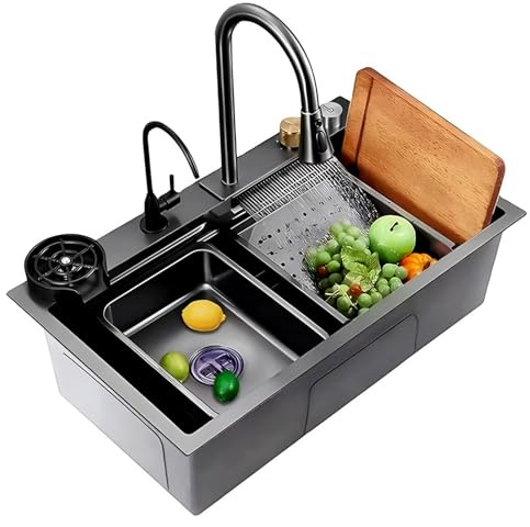 Gold Waterfall Kitchen Sink with Pull-out Robinet 80 x 50 x 21 cm Small Bassin & Cup Washer Nano Coated Stainless Steel Workstation Farmhouse Sink Drop-in Bar Sink - Black Finish