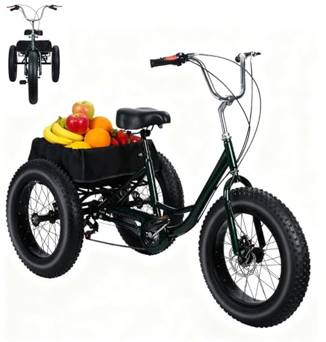 20 Inch Tricycle for Adults - 7 Speed Fat Tire Trike for Adult, 3 Wheel Bikes Load Capacity 450lbs, Adjustable Cruiser Trike for Men Women,with Double Disc Brake, Spacious Shopping Basket (Black)