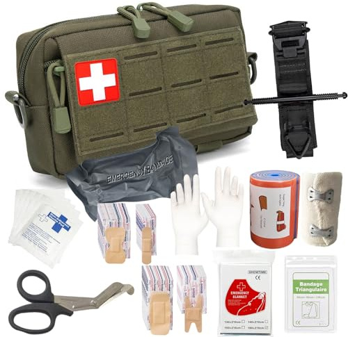 Kit traumatologico IFAK con laccio emostatico, benda israeliana da 4 pollici, bende elastiche, set di 94 pezzi, kit di pronto soccorso tattico per auto, campeggio, escursionismo e viaggi(Green)
