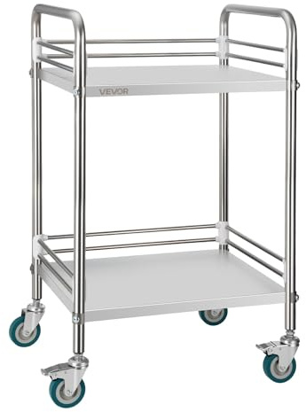 VEVOR Chariot de Service Utilitaire à 2 Niveaux, Desserte en INOX avec Roues Verrouillables, pour Soins Médicaux Hôpital Clinique Restaurant Cuisine et Salon de Coiffure, Chariot de Laboratoire