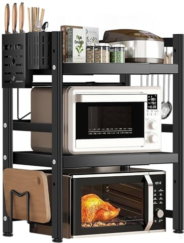 Estante Ajustable de 3 Niveles para Microondas, Ampliable para Encimera de Cocina y Almacenamiento sobre el Horno de Microondas, Color Negro