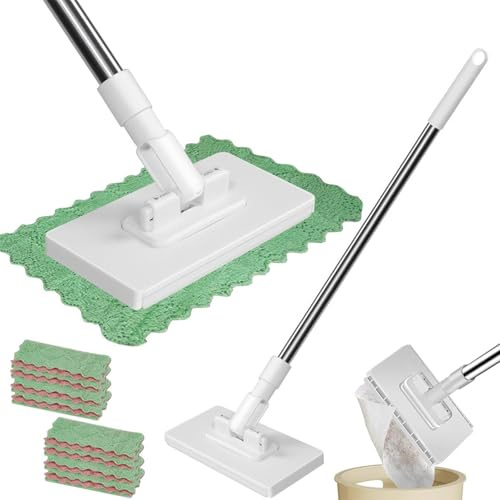 Mini Mopp mit Automatischen Tuchwechsel, Wischmopp mit Druck-Klemm-System mit 10 Mikrofasertüchern für Enge Räume, Trocken & Nass Reinigung von Boden, Wand (1 Stück)