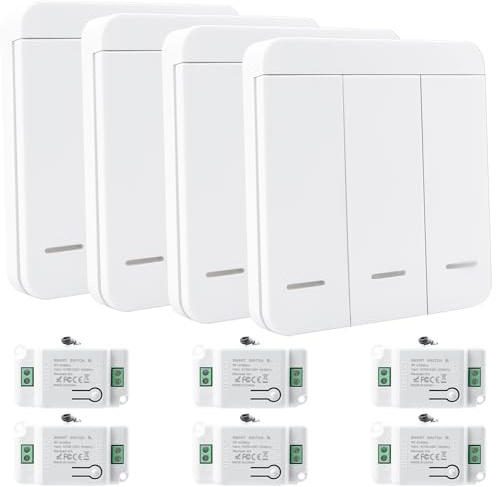 Juego de 4 interruptores de luz inalámbricos, 230 V, 10 A, con control de 6 receptores, interruptor de pared inalámbrico de hasta 50 m de alcance, 200 – 2000 W, no requiere cableado