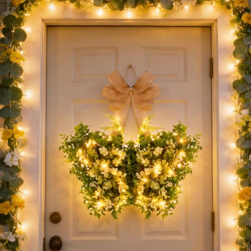 Türkranz Frühling Beleuchtet, Frühlingskranz Haustür mit LED Licht Künstliche Blumenkranz Schmetterling Kranz Frühling Batteriebetrie Tulpenkranz Osterkranz für Valentinstag Hochzeit Frühlingsdeko (A)