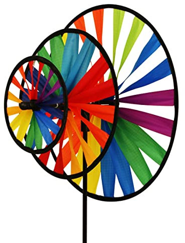CIM Windspiel - Magic Wheel Triple - UV-beständig und wetterfest - Windräder: Ø35cm/Ø25cm/Ø16cm X Höhe: 102cm - inkl. Fiberglasstab