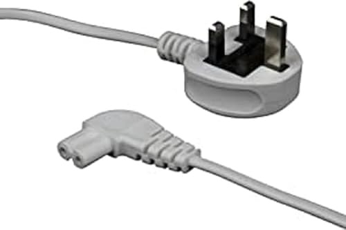 electrosmart White 1m Mains Power Cable/Lead - 3 Pin Moulded UK Plug to Right Angled IEC C7 Figure 8