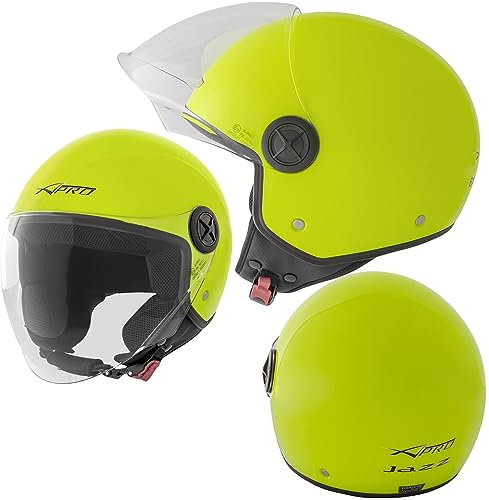 A-pro Casque Jet Moto Scooter Quad Avec Visiere ECE 22 Jaune Fluo Poli L