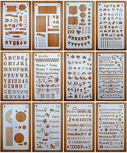 Tagebuch-Schablonen, Tagebuchplaner-Schablonen-Set 12 Stück für A5-Notizbuch und die meisten Tagebücher, inklusive Buchstabenschablone, Zahlenschablonen, Zeichenschablonen, Diagramme, Formen für Bujo