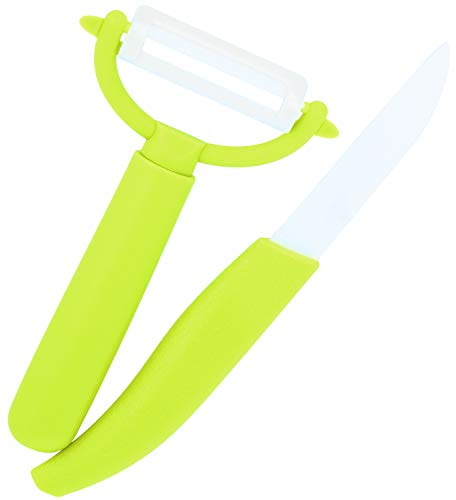 com-four® 2-teiliges Keramik-Set mit Sparschäler und Küchenmesser | Extra scharfe Helfer zum Schneiden von Obst sowie Gemüse
