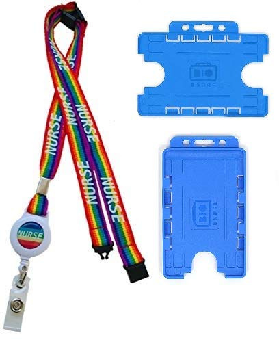 Umhängeband für Krankenschwestern, Regenbogenfarben, 15 mm, mit 3-Punkt-Abreißverschluss und doppeltem blauem Ausweishalter (horizontaler Kartenhalter)