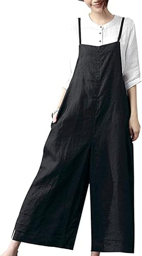 YESNO Women's Ladies Dungarees Summer Casual Wide Leg Overalls Cotton Baggy Jumpsuits with Pockets XL PZZTYP2UK BLACK