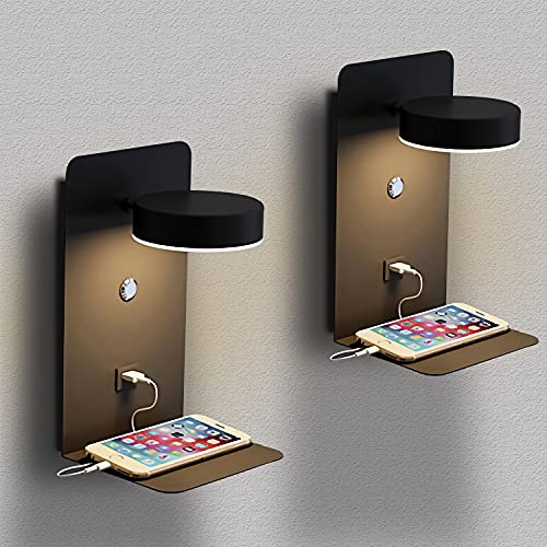 SENFAY Lot de 2 Applique Murale Chambre LED avec port de charge USB, Lampe Murale Tactile Dimmable, Applique murale 12W Intérieure noir avec fil de prise, 350° lampe de lecture murale Rotative