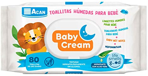 Acan Tradineur -Toallitas húmedas para bebé Baby Cream - Incluye 80 Unidades - Material Natural - Incluye Tapa.