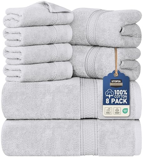 Utopia Towels 8-teiliges Premium-Handtuch-Set, 2 Badetücher, 2 Handtücher und 4 Waschlappen, 600 g/m², 100% ringgesponnene Baumwolle, Fitnessstudio, Hotel und Spa (Silber)