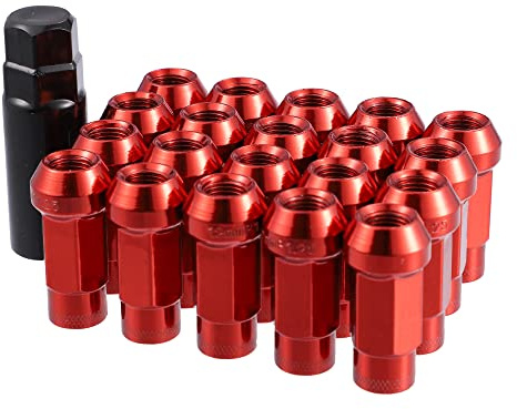 X AUTOHAUX Juego de 20 tuercas cónicas M12 x 1.25 para rueda de coche, color rojo con llave de enchufe