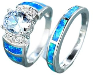 Stück Boho Weibliche Blauer Opal Stein Ring Silber Farbe Verlobungsringe Für Frauen Charme Oval Kristall Ehering Set