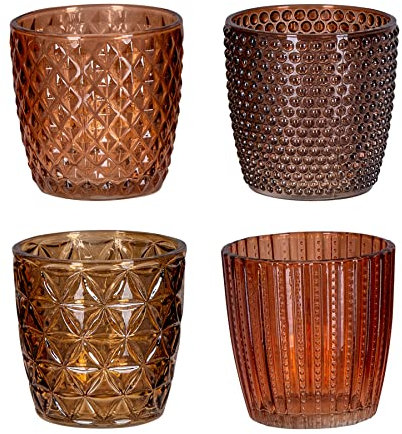 4er Set Windlicht H7,5cm Glas Orange Braun Teelichthalter Tischdeko Kerzen Herbst Retro Kerze Transparent Kerzenhalter Tischdeko Deko