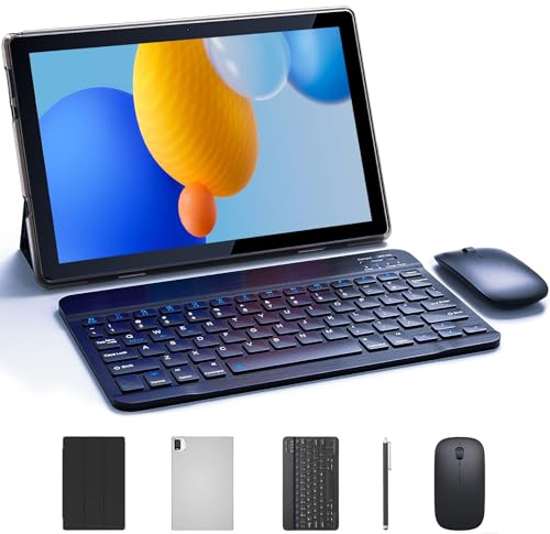 Tablette 10 Android 14 tablettes 2 en 1 avec étui clavier, souris, stylet, tablette Android 8 Go + 64 Go, prend en charge l'extension de 1 To, écran IPS HD de 10,1, 2 MP + 8 MP, double caméra, WiFi