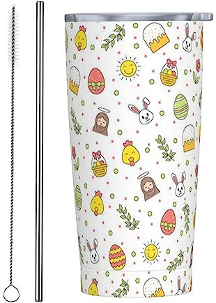 QQIAEJIA Reise-Kaffeetasse, niedliches Tier-Ei, isolierter Becher mit Deckel und Strohhalmen, wiederverwendbar, Edelstahl, Wasserflasche, Reise-Kaffeetassen, Becher für Damen und Herren, 590 ml