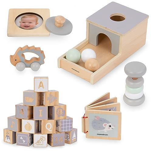 Mamabrum Boîte éducative Montessori pour Enfants – 6 Jeux éducatifs en Bois, hochet, Blocs, Machine, hérisson et Livre en Bois