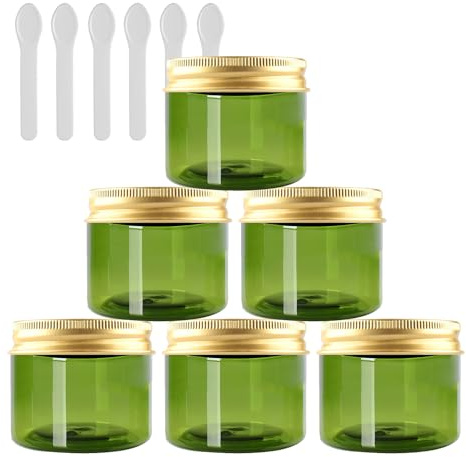 PQPAUTY 6 Stück Kleine 50 ml Grün Kunststoff Leere Cremedose Dose mit Gold Deckel 50 g Leerdose Schraubdose Blechdosen Kosmetische Behälter Tiegel, 6 Stück Spatel